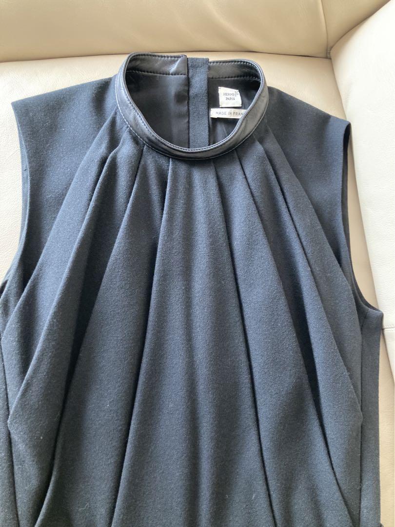 大人女性の ベルト付 HERMES ギャザー ウール ノースリーブワンピース フレアー ワンピース