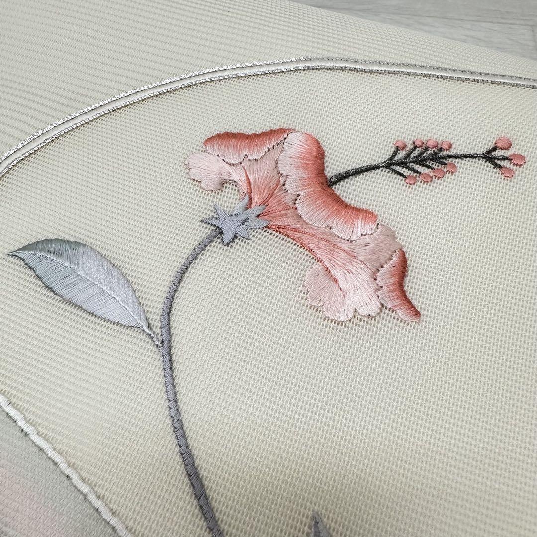 夏帯 名古屋絽 刺繍 上品な花模様 銀駒刺繍 九寸 正絹 着物 RO