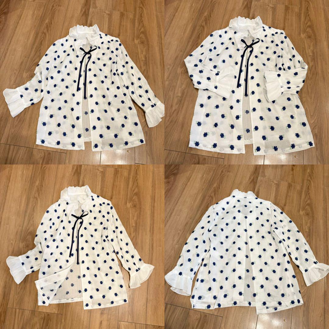未使用☆JUN ASHIDA フラワー刺繍 フリルブラウス リボン