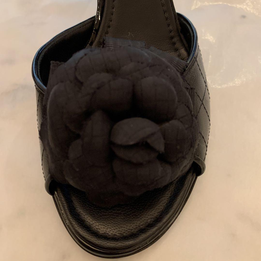 シャネル　CHANEL ヒール　カメリア　エナメル　ブラック　38.5