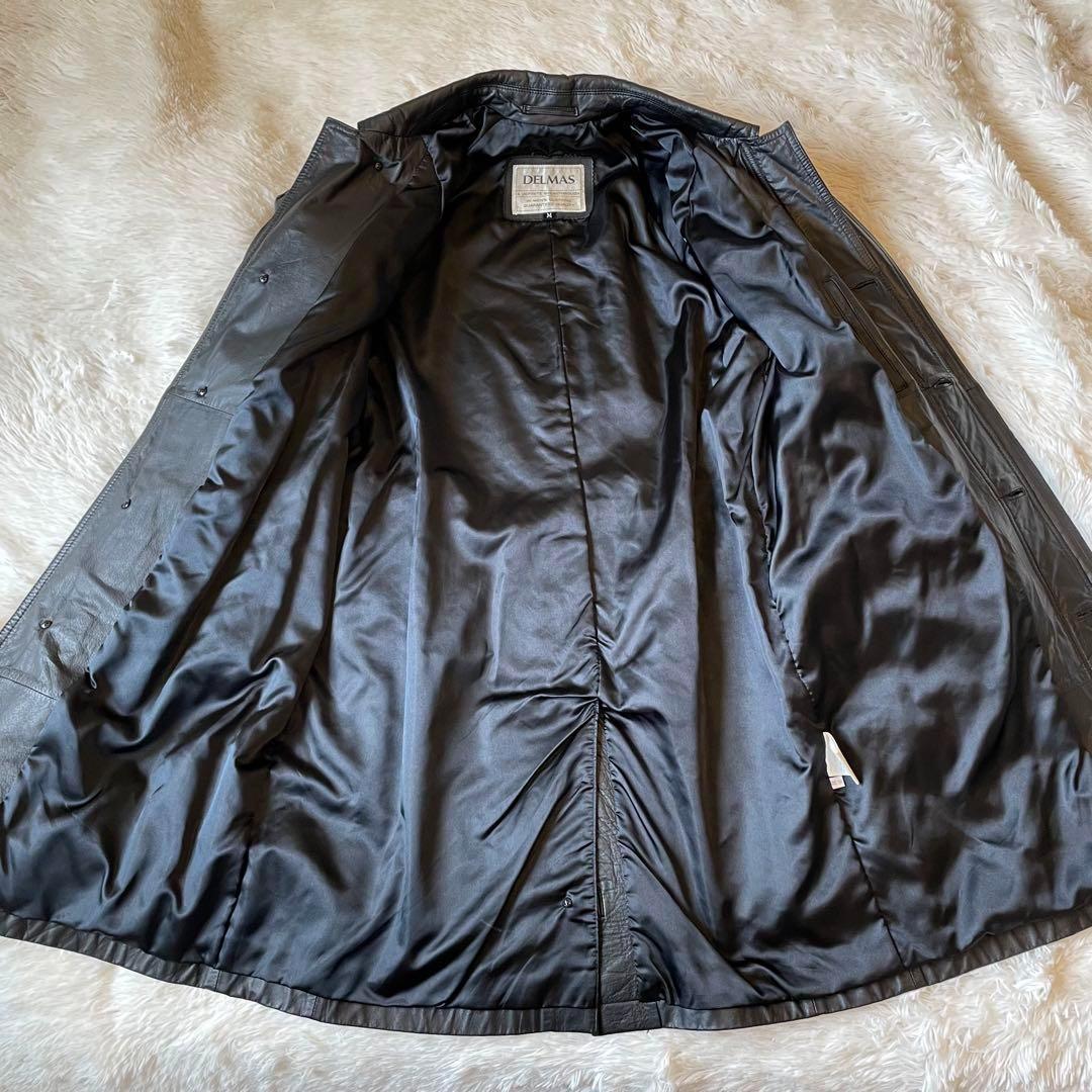 美品★オールレザー ロング トレンチコート ベルト付 切替 本革 カウレザー 黒