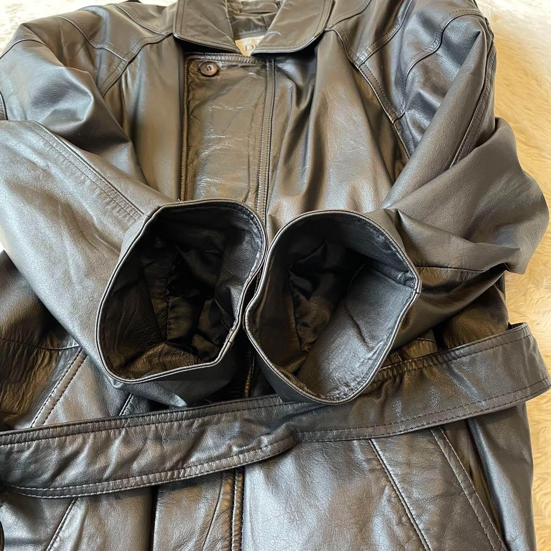 美品★オールレザー ロング トレンチコート ベルト付 切替 本革 カウレザー 黒