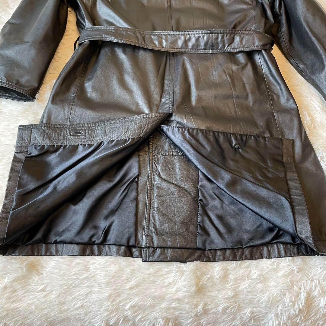 美品★オールレザー ロング トレンチコート ベルト付 切替 本革 カウレザー 黒