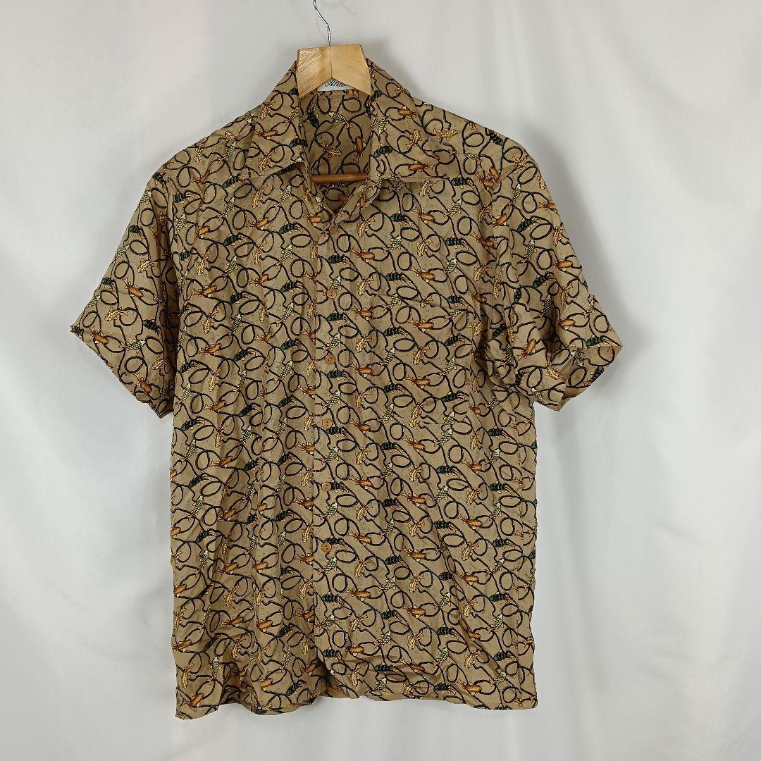 Annam 半袖シャツ Sサイズ SILK シルク 総柄 魚 鯉 B2491