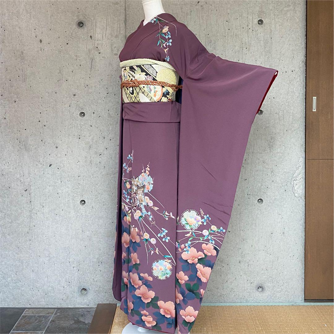 正絹 振袖 花、御所車、雪輪柄 くすみ紫 大きめサイズ 袷 正絹 振袖 花、御所車、雪輪柄 くすみ紫 大きめサイズ 袷