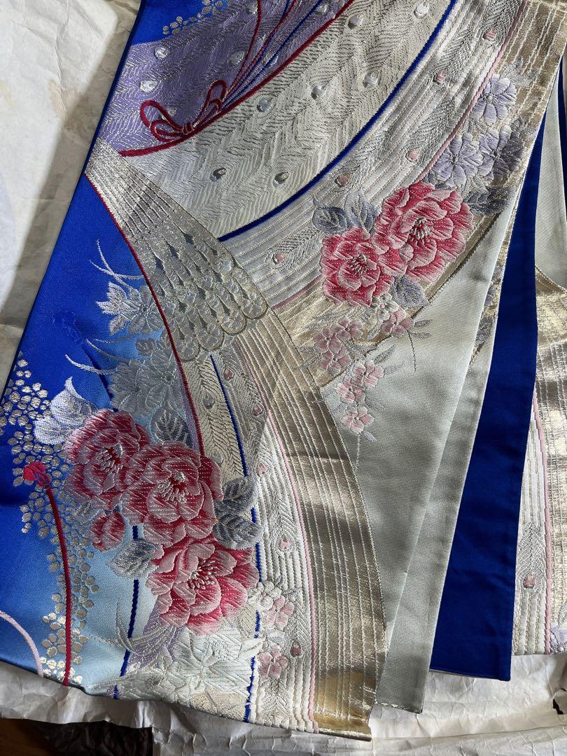 青と銀の花柄刺繍帯揚げ