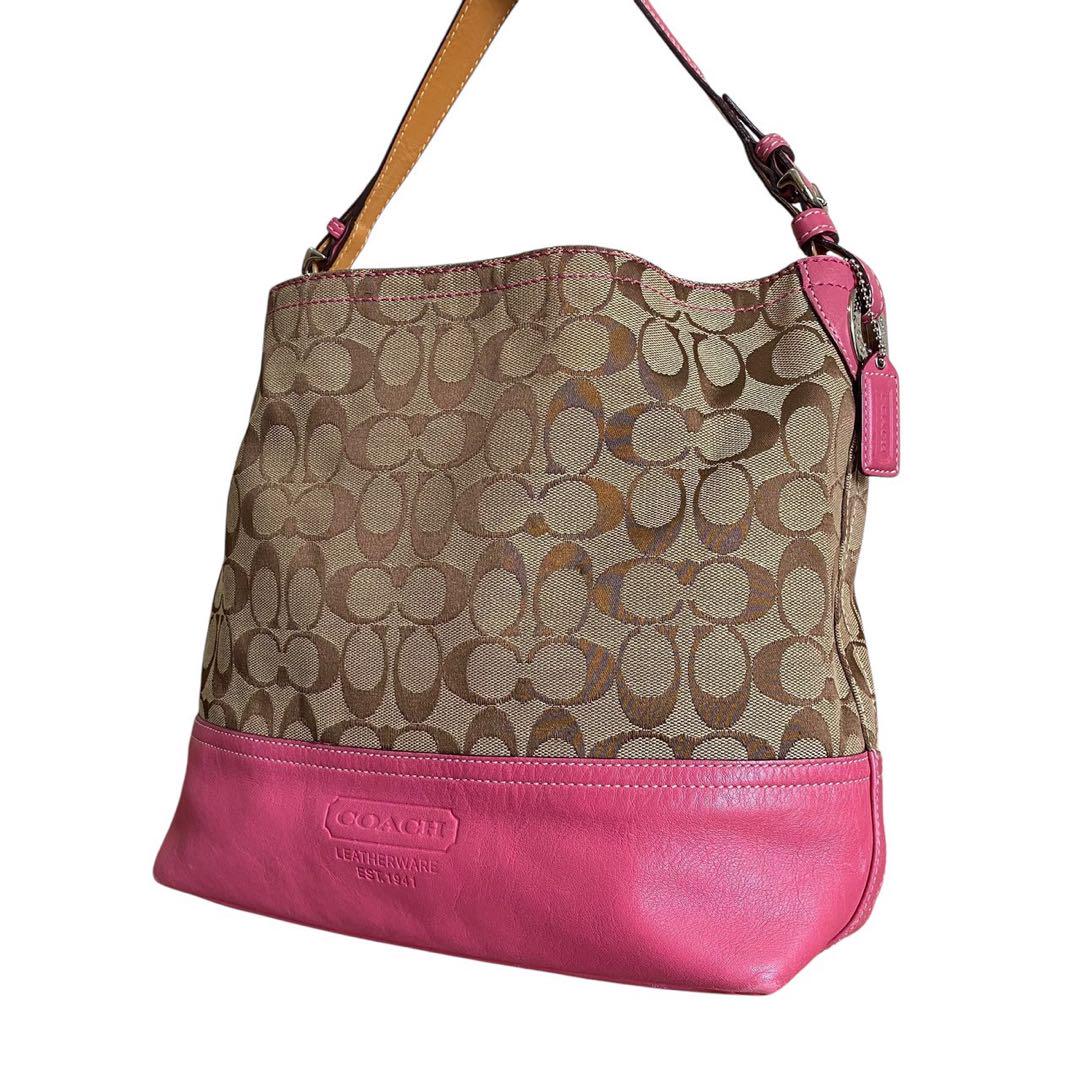 COACH コーチ ショルダーバッグ キャンバス シグネチャー ベージュ×ピンク