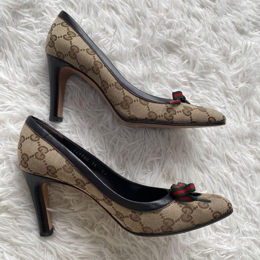 美品GUCCI グッチ　パンプス　ヒール　シェリーライン　リボン　GG　ベージュ