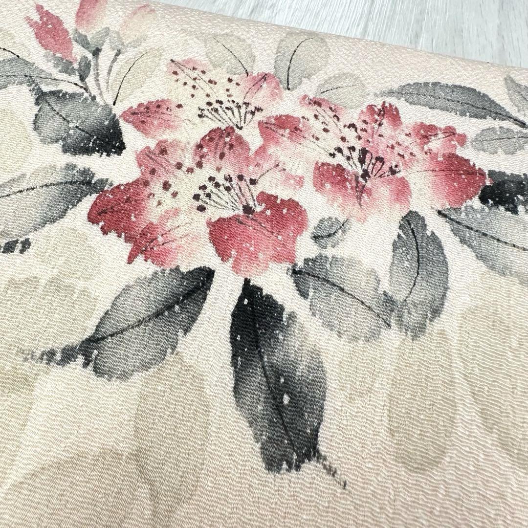 名古屋帯 ちりめん 手書きの花模様 九寸 正絹 着物 RO-3056