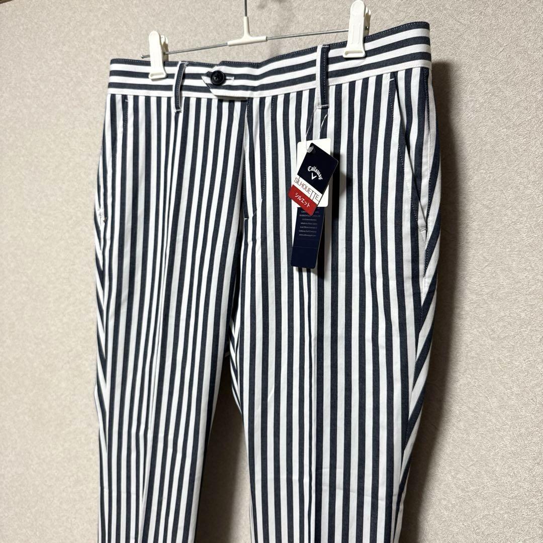 【新品タグ付】キャロウェイゴルフ・ストライプ　スリムテーパードパンツ 紺　M
