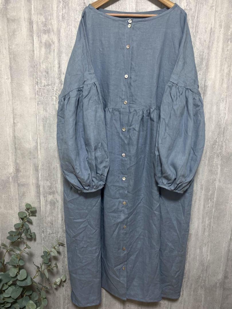 【国産リネン100】前開きロングワンピース L〜XL