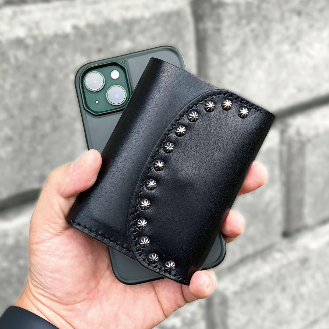 栃木レザー コンパクト財布 スタッズウォレット 三つ折り財布 新品 ブラック