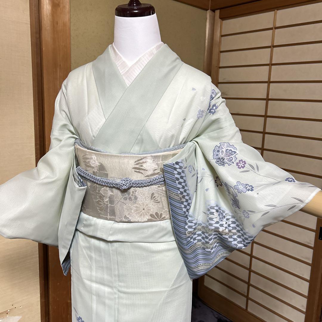 化繊シルクタッチ絽色無地フルセット4点新品着物＋夏帯＋新品