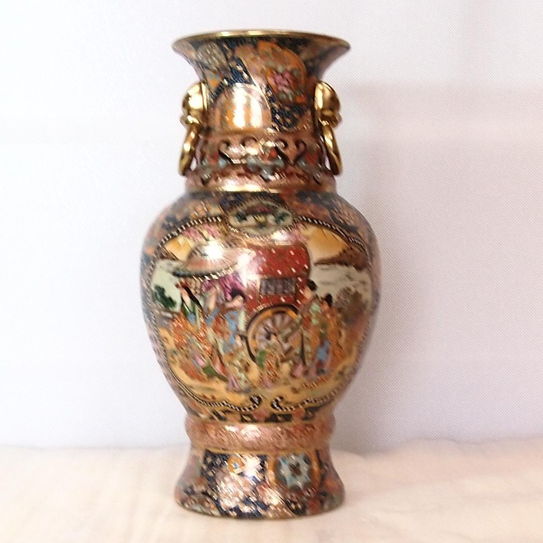 【良品】武者図/美人画 飾り壺 つぼ/壷/花瓶 青粒/金彩インテリア 検:薩摩焼
