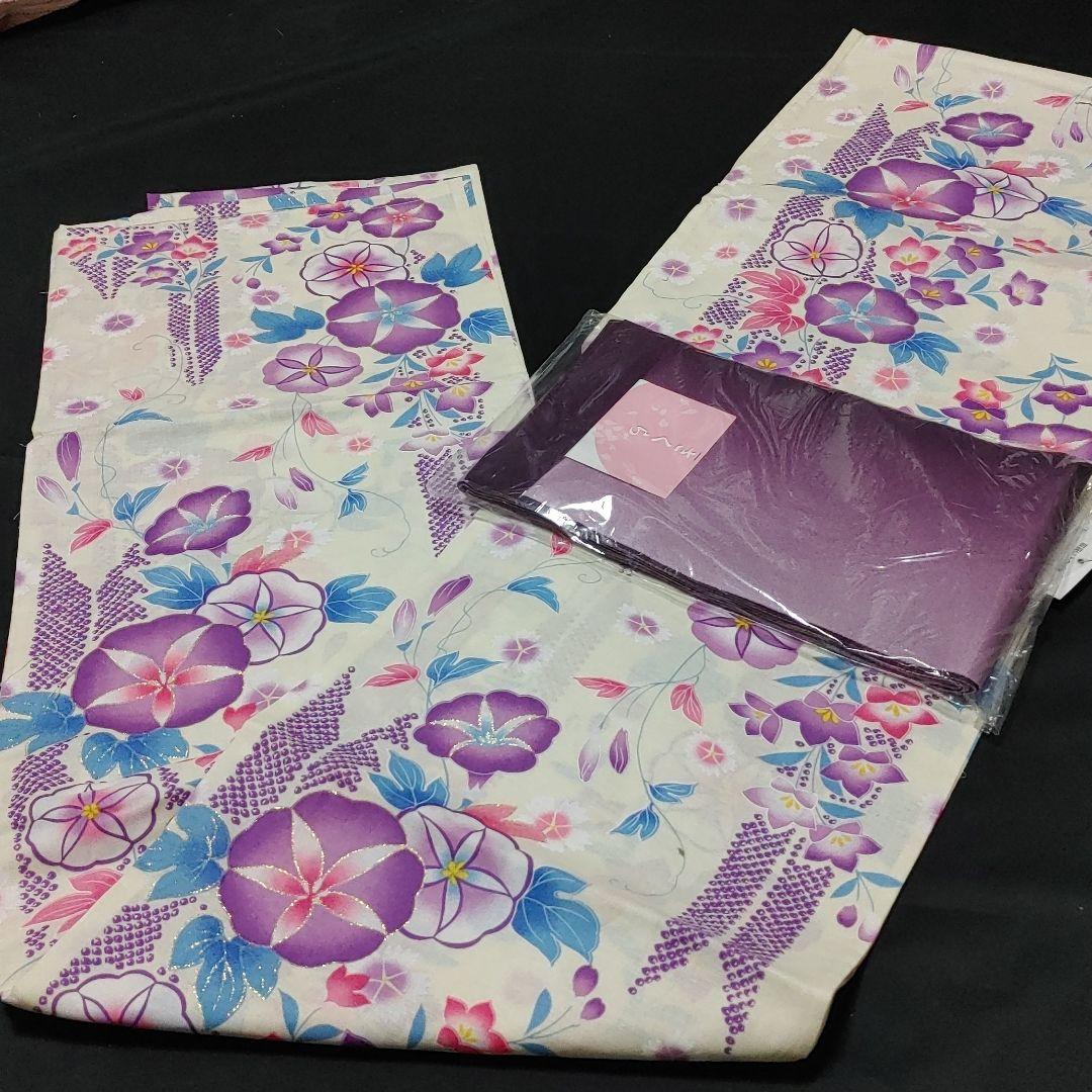 新品呉服屋浴衣2点セット金ラメ朝顔桔梗古典生成