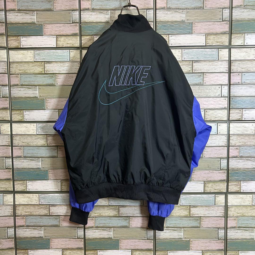 90's】ナイキ ナイロンジャケット ブルゾン ビッグ刺繍ロゴ 銀