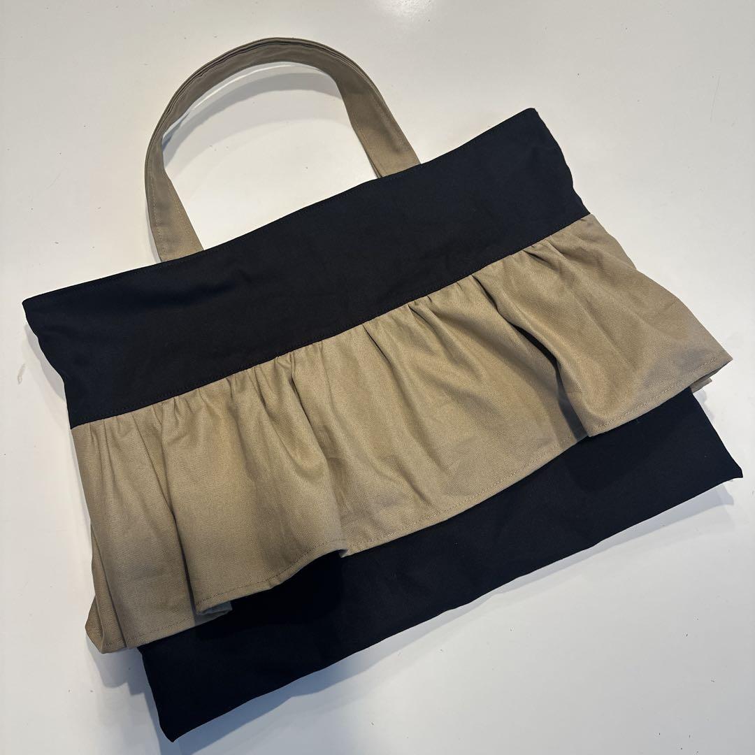 フリル付きレッスンバック体操服袋 黒ベージュ 大人 小学生