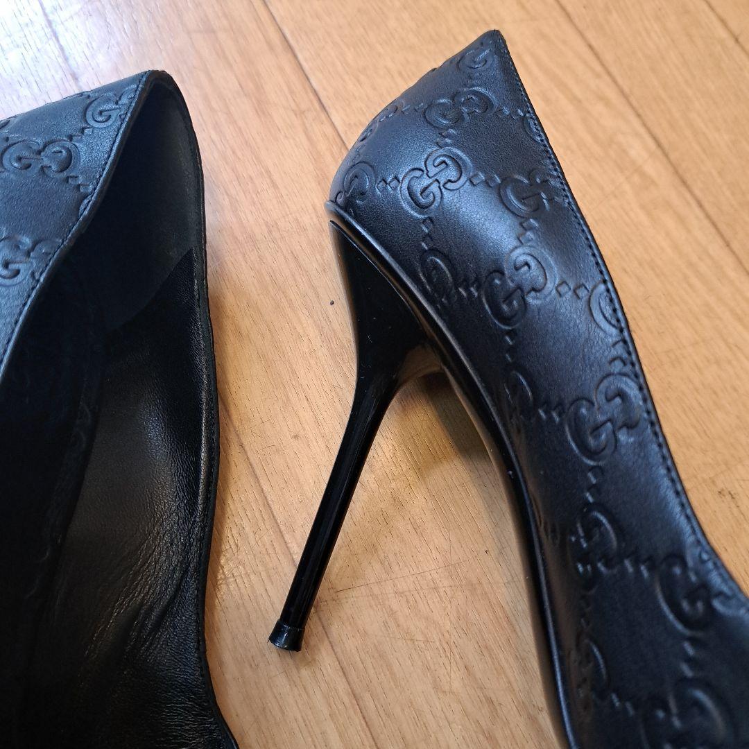 GUCCI ブラックレザーオープントゥパンプス 39