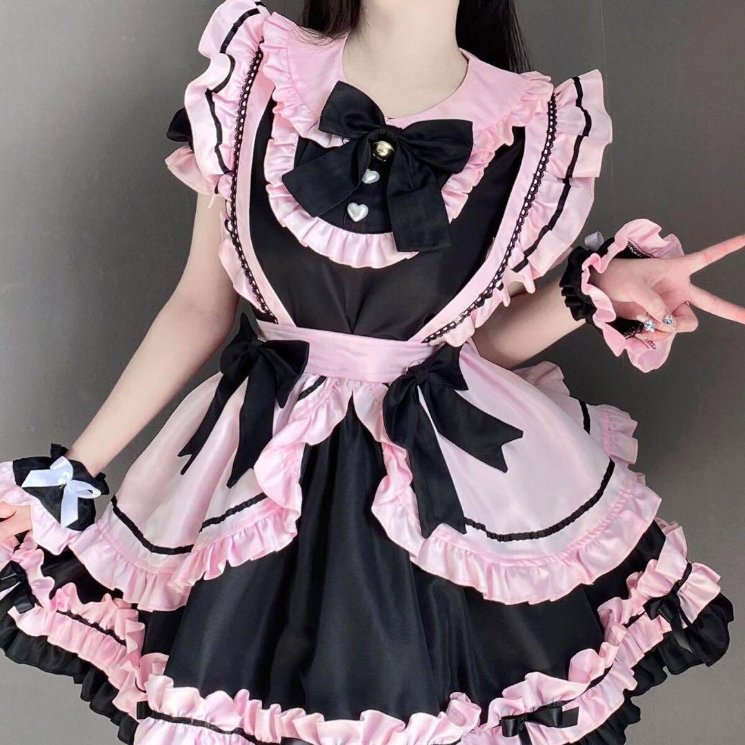 メイド服コスチュームセット フリルワンピースLサイズ ロリータ ピンク ゴスロリ
