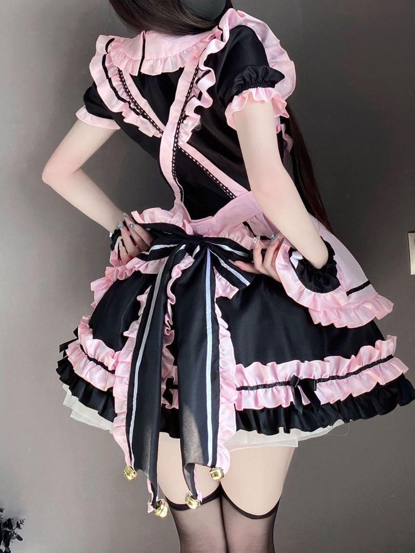 メイド服コスチュームセット フリルワンピースLサイズ ロリータ ピンク ゴスロリ