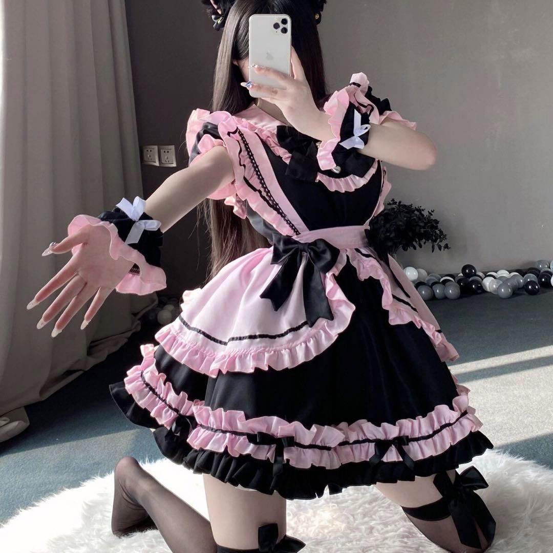 メイド服コスチュームセット フリルワンピースLサイズ ロリータ ピンク ゴスロリ