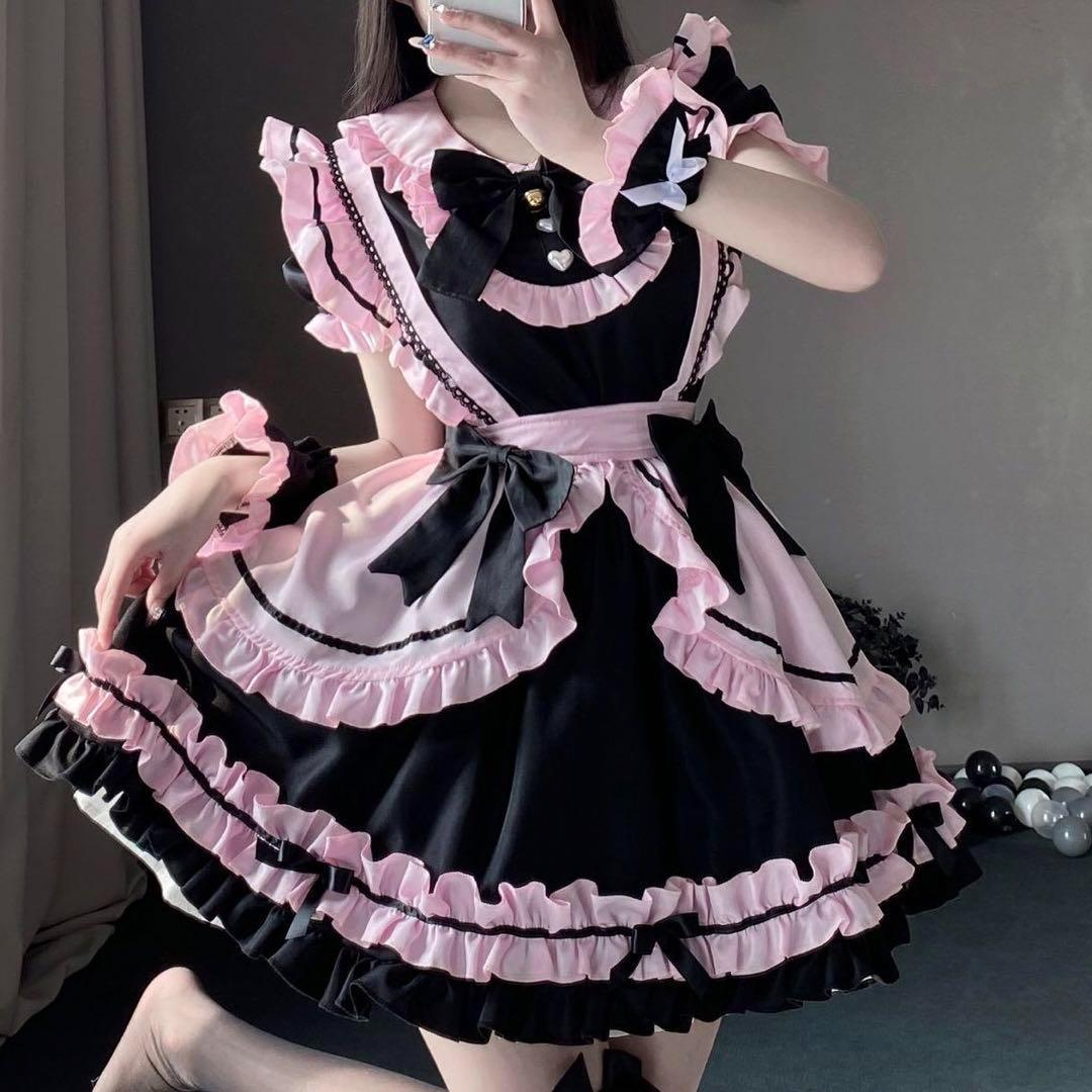 メイド服コスチュームセット フリルワンピースLサイズ ロリータ ピンク ゴスロリ