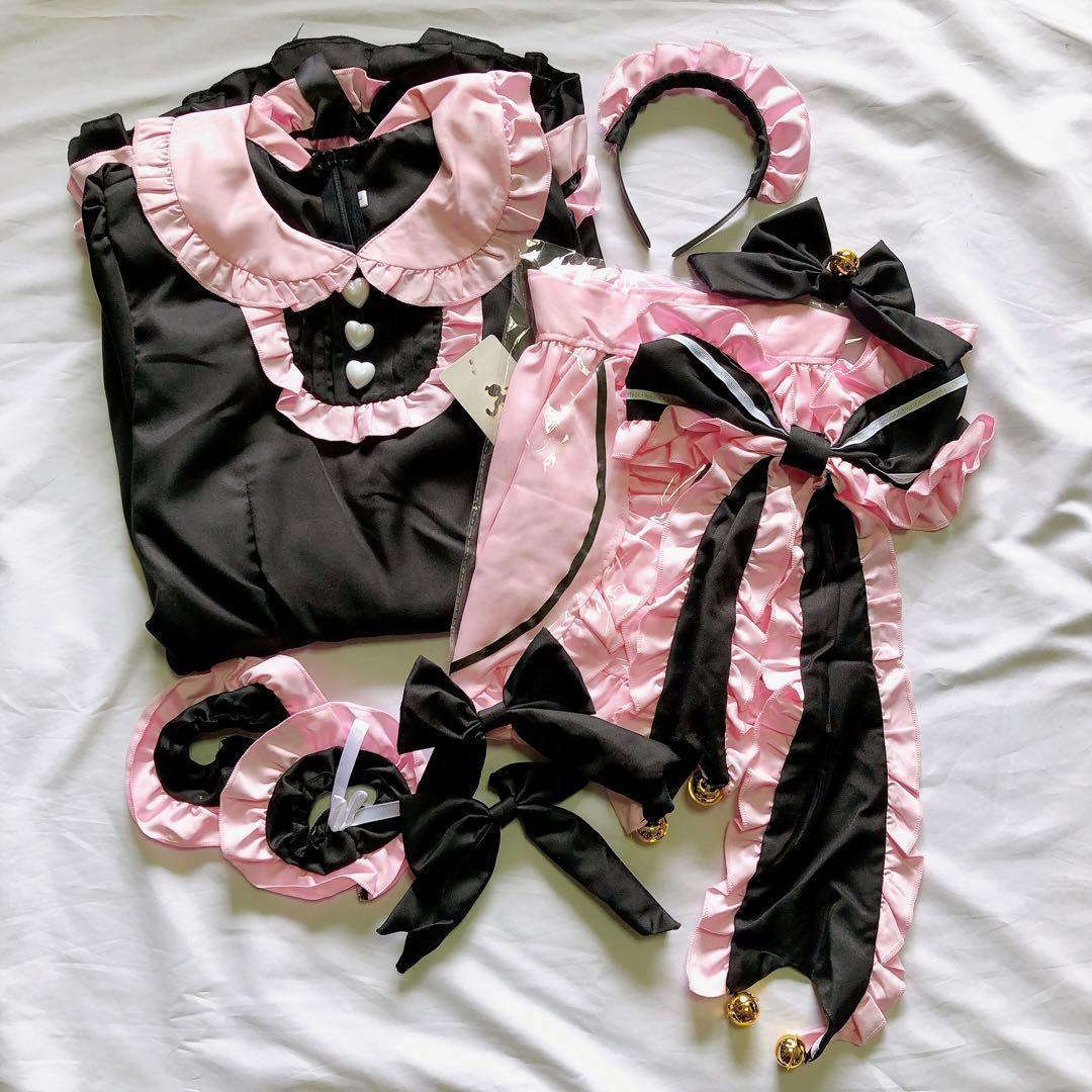 メイド服コスチュームセット フリルワンピースLサイズ ロリータ ピンク ゴスロリ