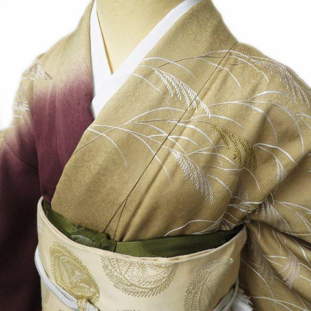 訪問着 着物 中古 正絹 袷 刺繍 ススキ 身丈162cm M A1029-3