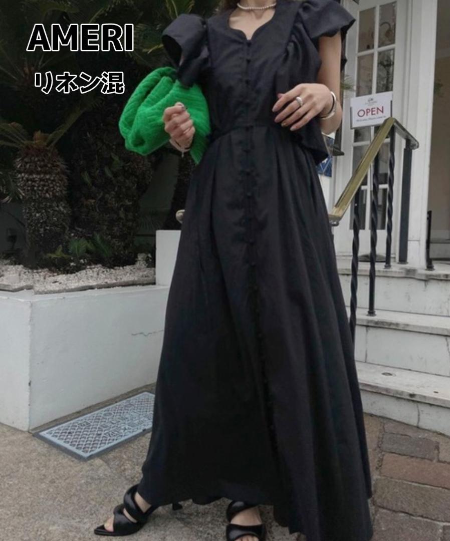 AMERI 2WAY RAMIE DRESS BLACK　リネン　フリル