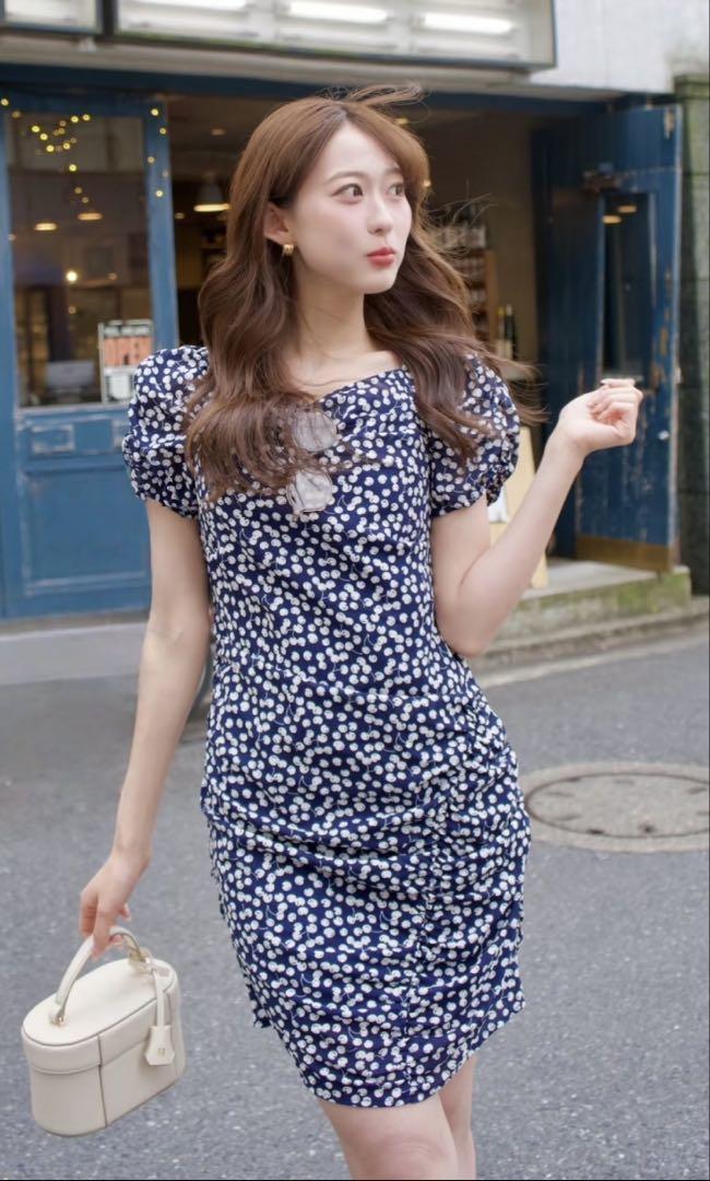 Draped CherryPatternMiniOne-Piece navy M
