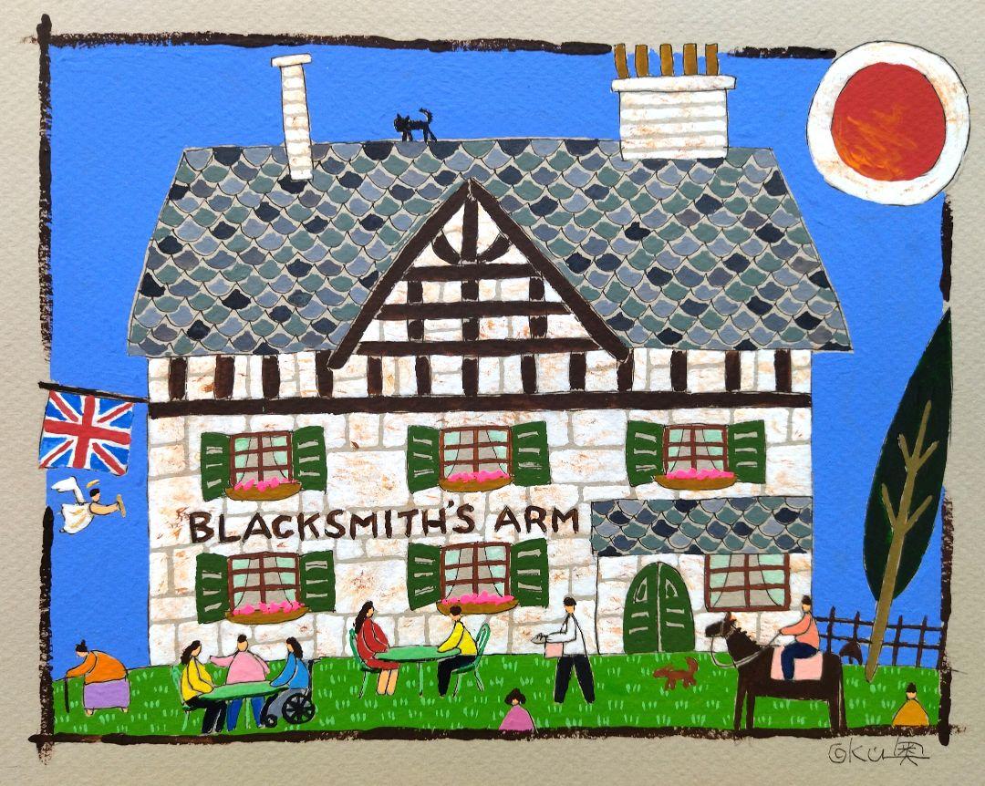 お見舞い 絵画/タペストリ-奥村ユズル 水彩画原画「英国パブ 鍛冶屋の
