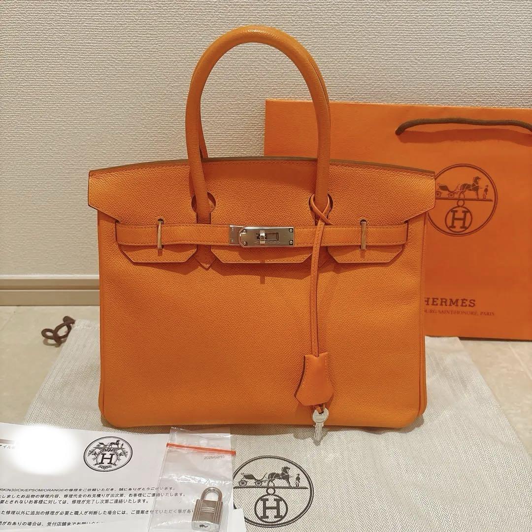 美品 エルメス バーキン30 ヴォーエプソン オレンジ×シルバー金具 金具新品