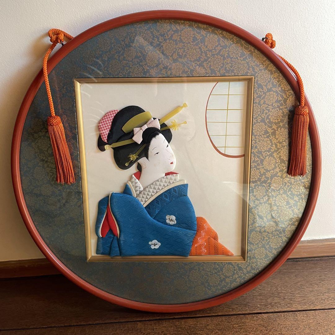 昭和レトロ 丸型 額縁 和紙 貼り絵 切り絵 親子 昔の風景画 色紙