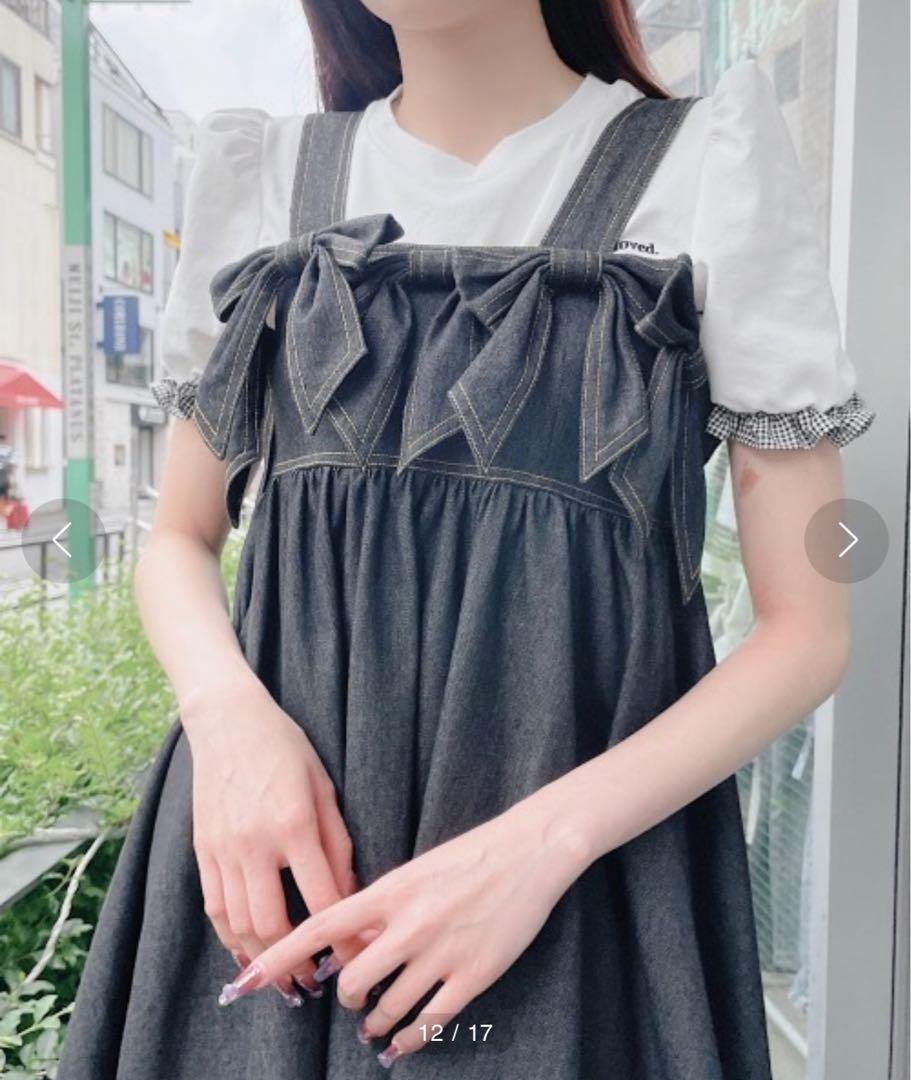 未使用級]リルリリー pain リボンデニムワンピース 黒色
