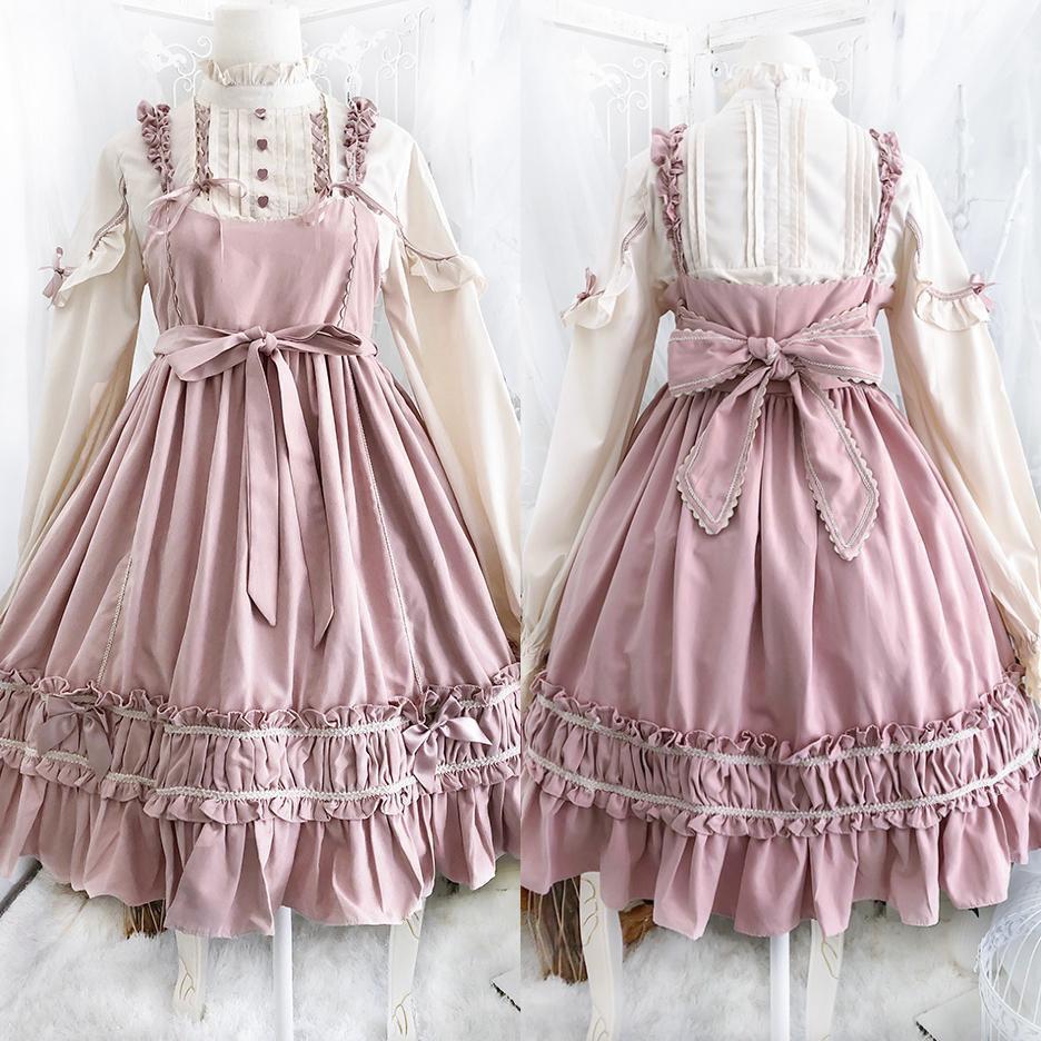 ロリータワンピース3点セット ピンク 長袖シャツ ヘッドドレス