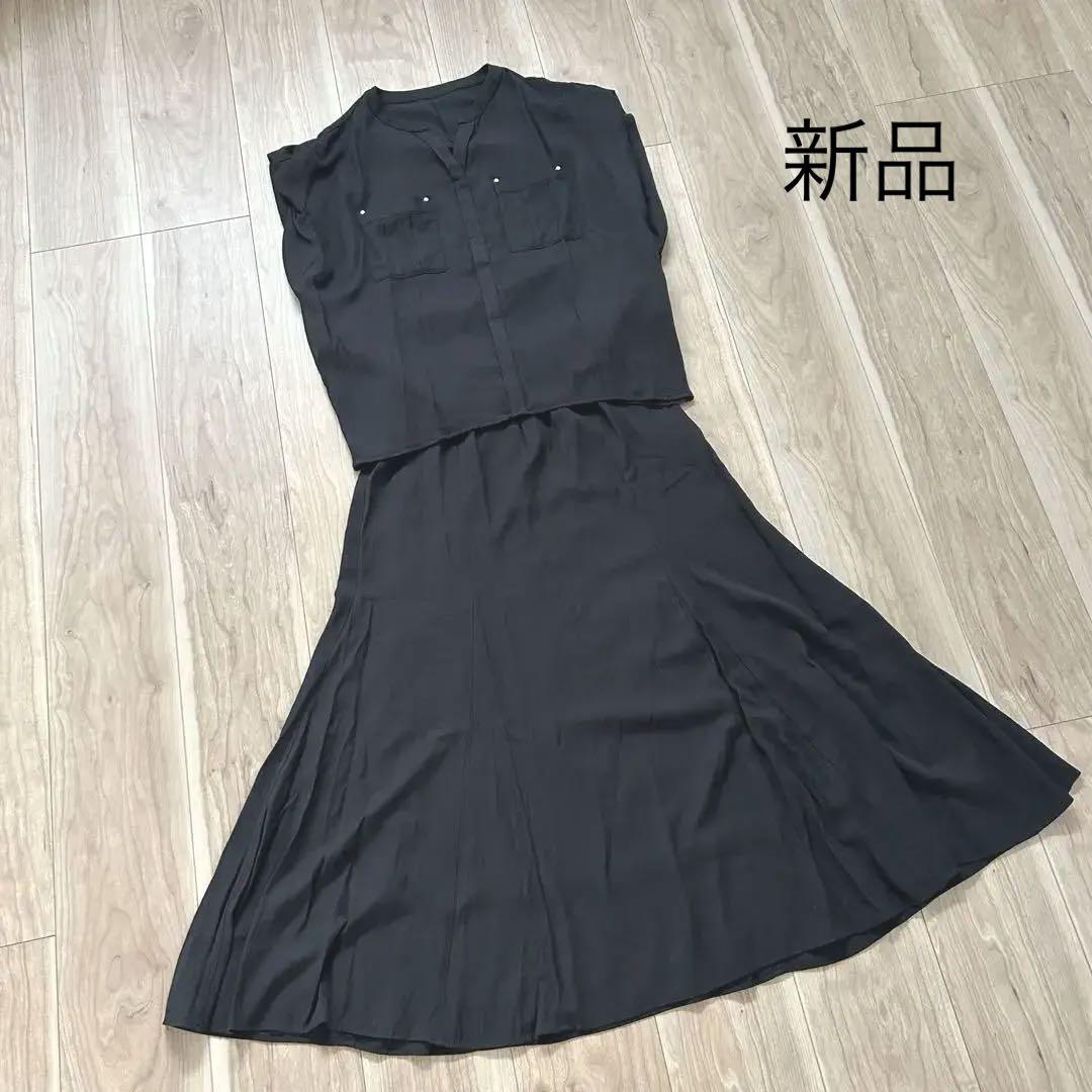 新品【ルクールブラン】リネンライクフロントポケットシャツ/スカートセットアップ