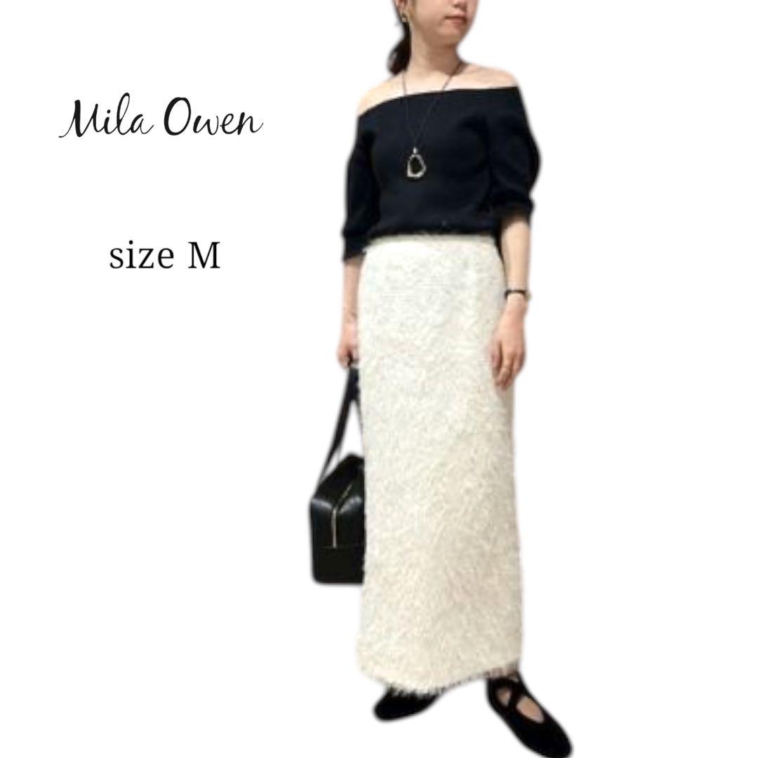 Mila Owen ミラオーウェン 後ゴムフリンジジャカードストレートスカート