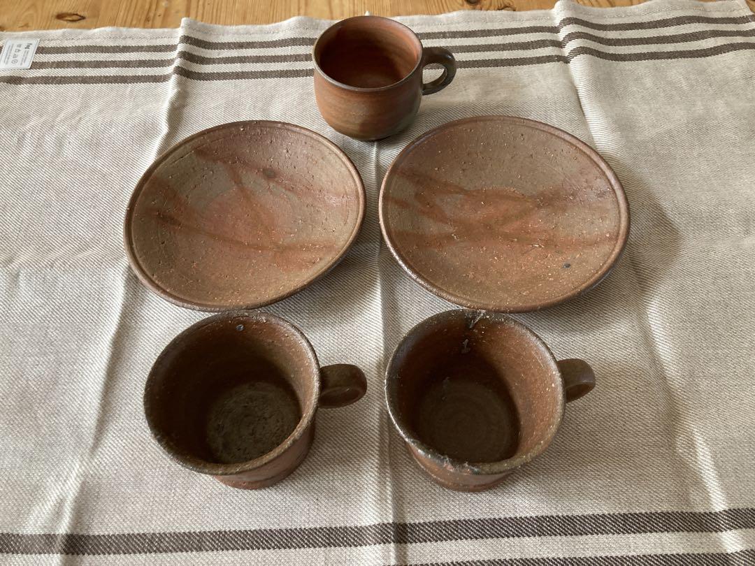☆お値下げ美品備前焼コーヒーカップ３つ皿2枚セット