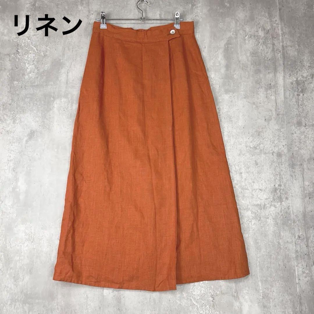 ♪ ポールスチュアート リネン100% ラップ スカート オレンジ 春夏秋