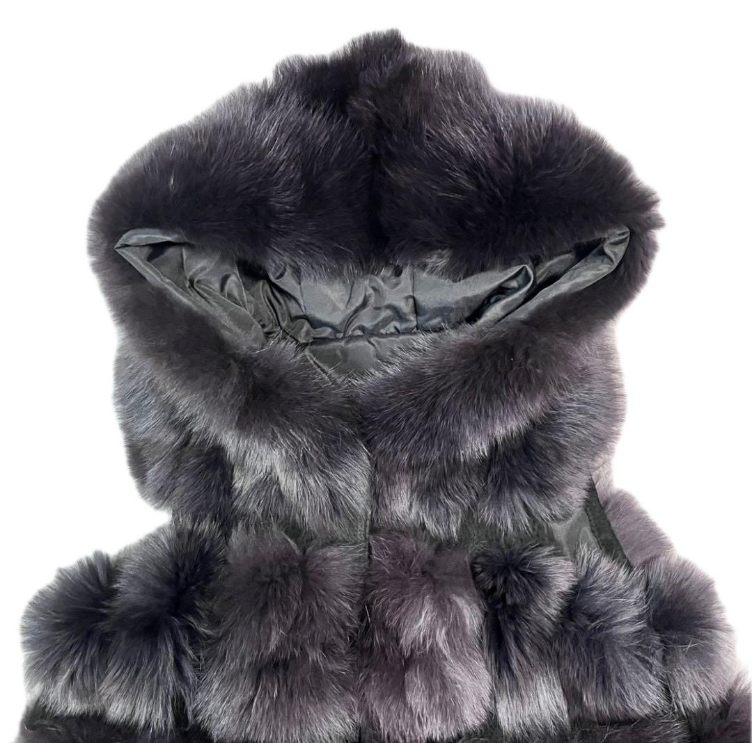 フォックスファー レザー ベスト ジレ フード付き XL グレーパープル フォックスファー レザー ベスト ジレ フード付き XL グレーパープル