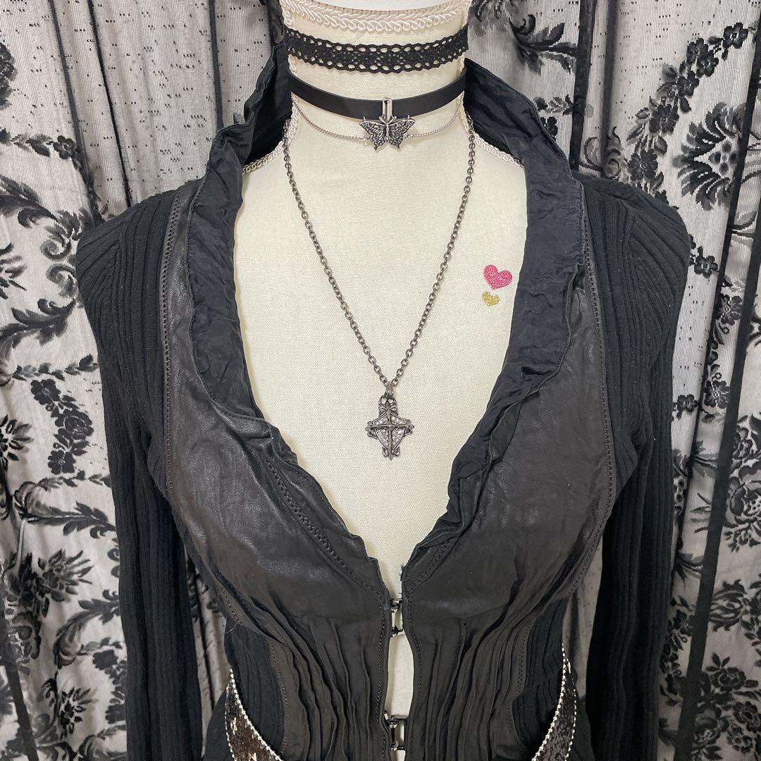♥︎︎∗︎*゜フェアリーグランジ ラムレザー シワ加工 ダークコア リブニット