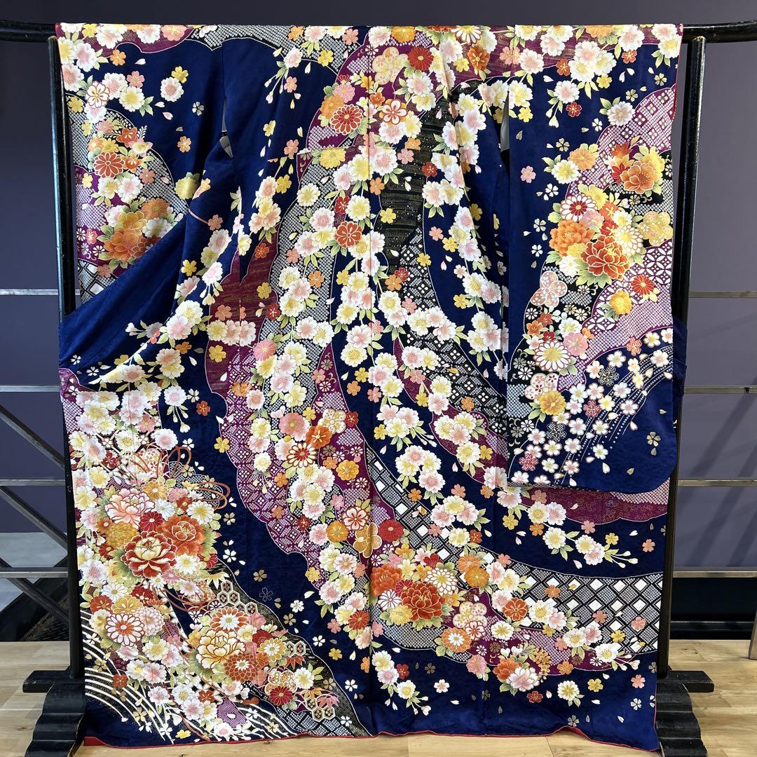 《美品》振袖　単品 No.369 紺　中振袖　170〜180cmの方用