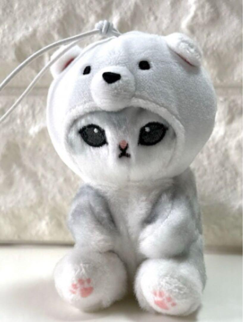 クマの帽子をかぶった猫のぬいぐるみ