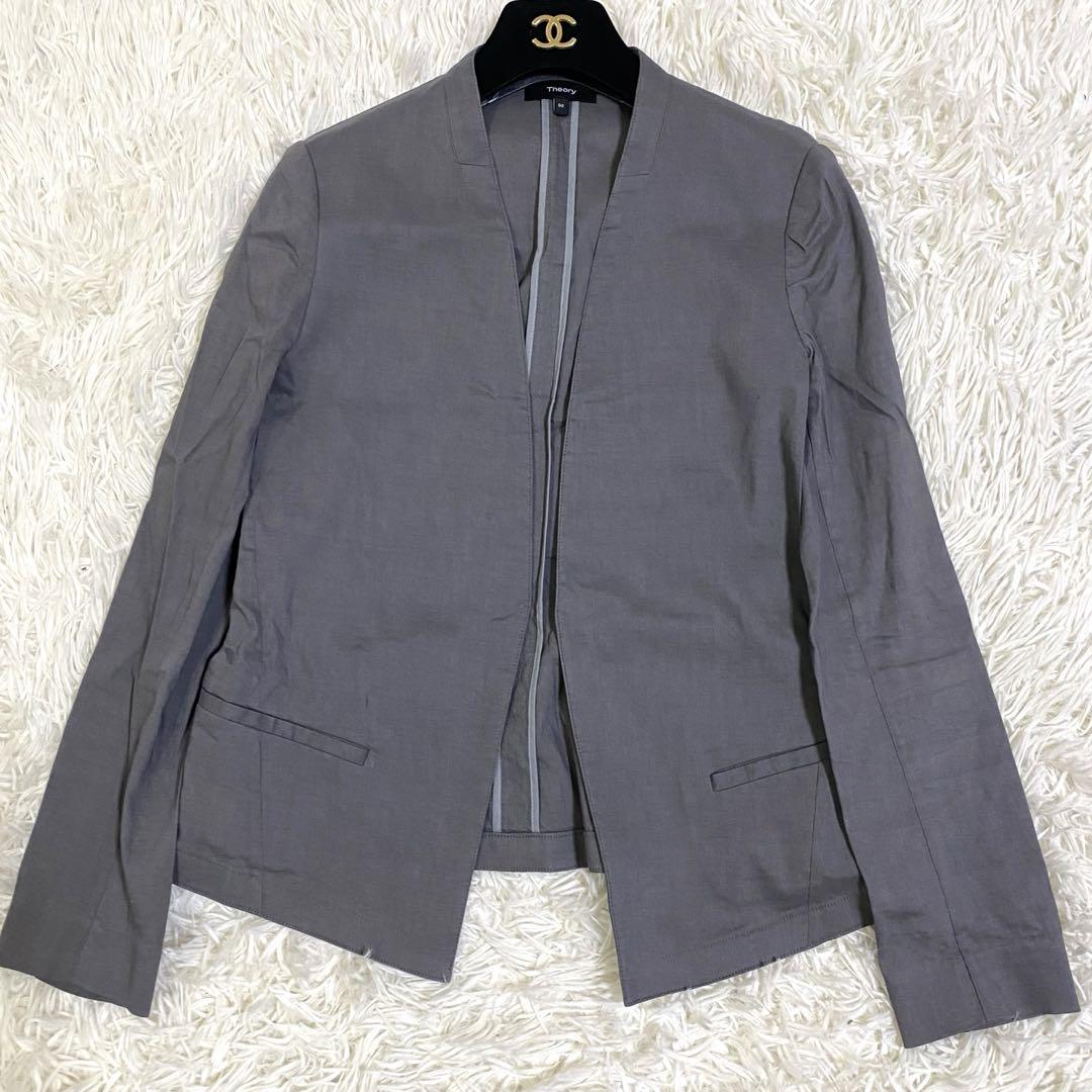 【美品✨】セオリー ノーカラージャケット リネン混 グレー 現行タグ 00