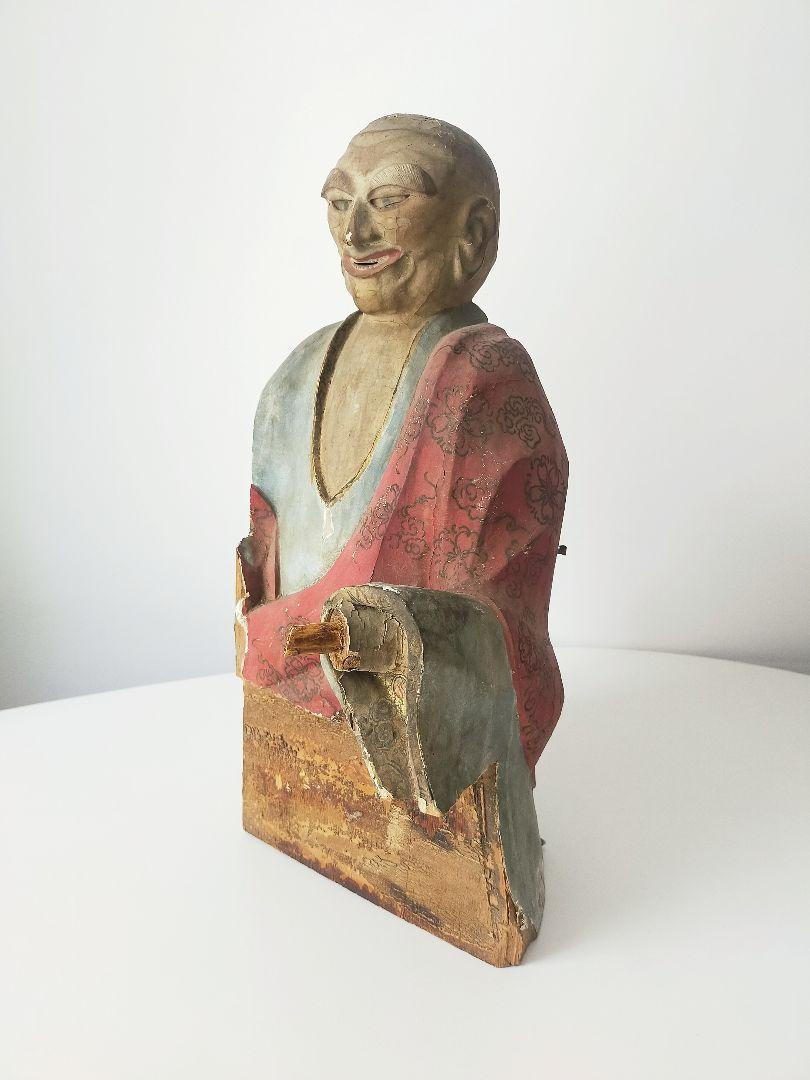 仏教美術、大型木彫玉眼入りの高僧像 羅漢 古美術 残欠 彫刻 骨董 江戸時代