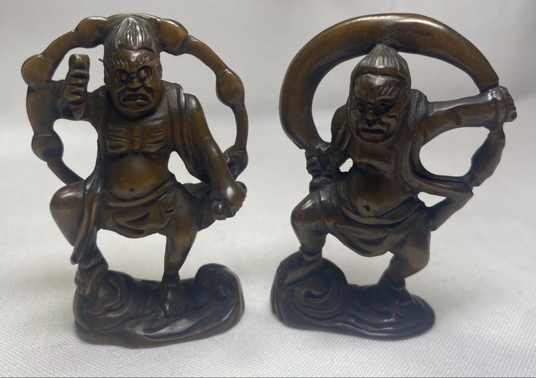 柘植材根付　精巧な木製木彫り風神雷神様の彫刻　置物、縁起物　黄楊繊細　木製