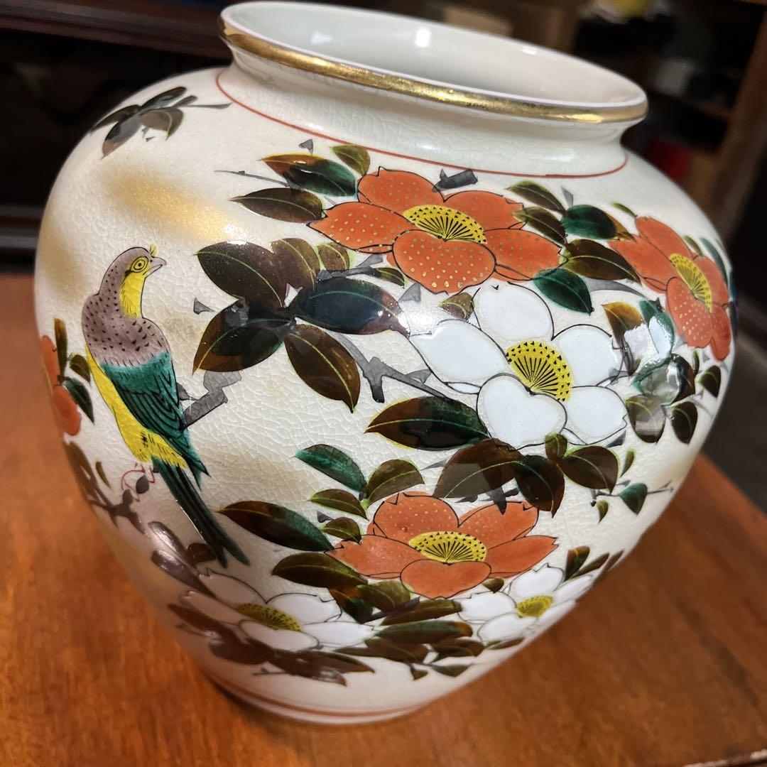 九谷焼き 手描き陶器花瓶 鳥と花のデザイン 美術品