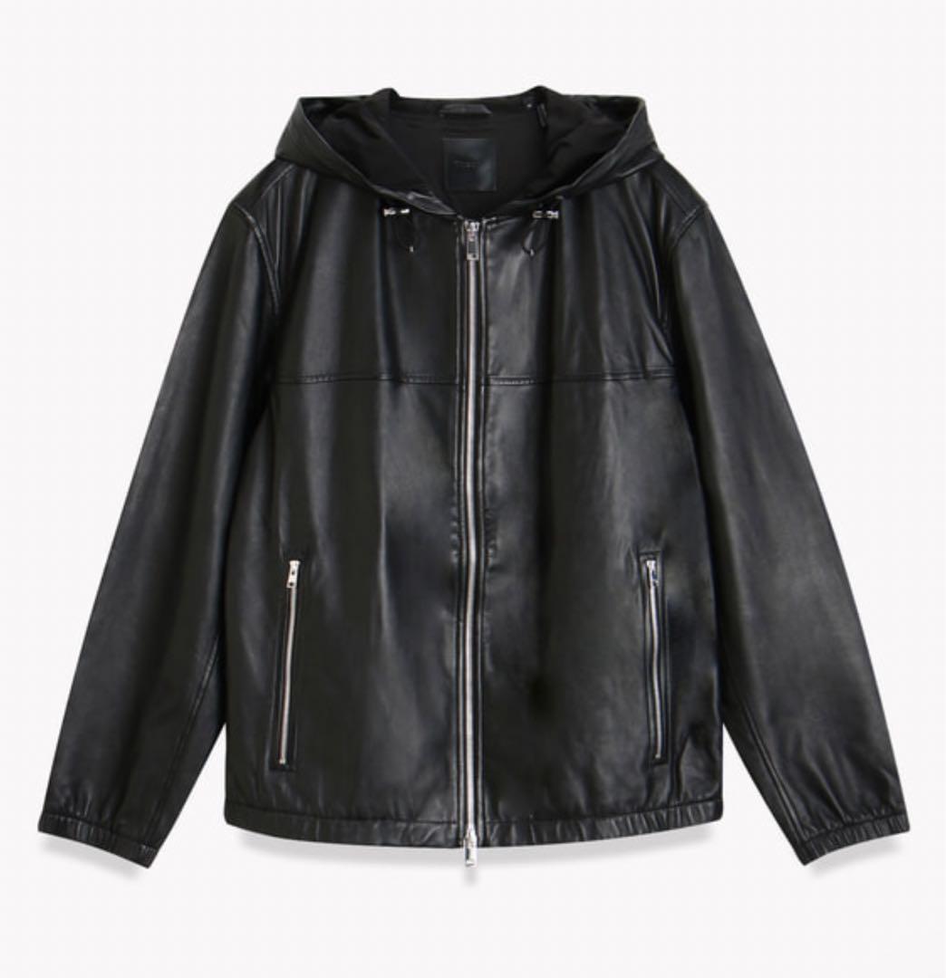 theory メンズ ラムレザー フードジャケット レザーブルゾン 黒 M-