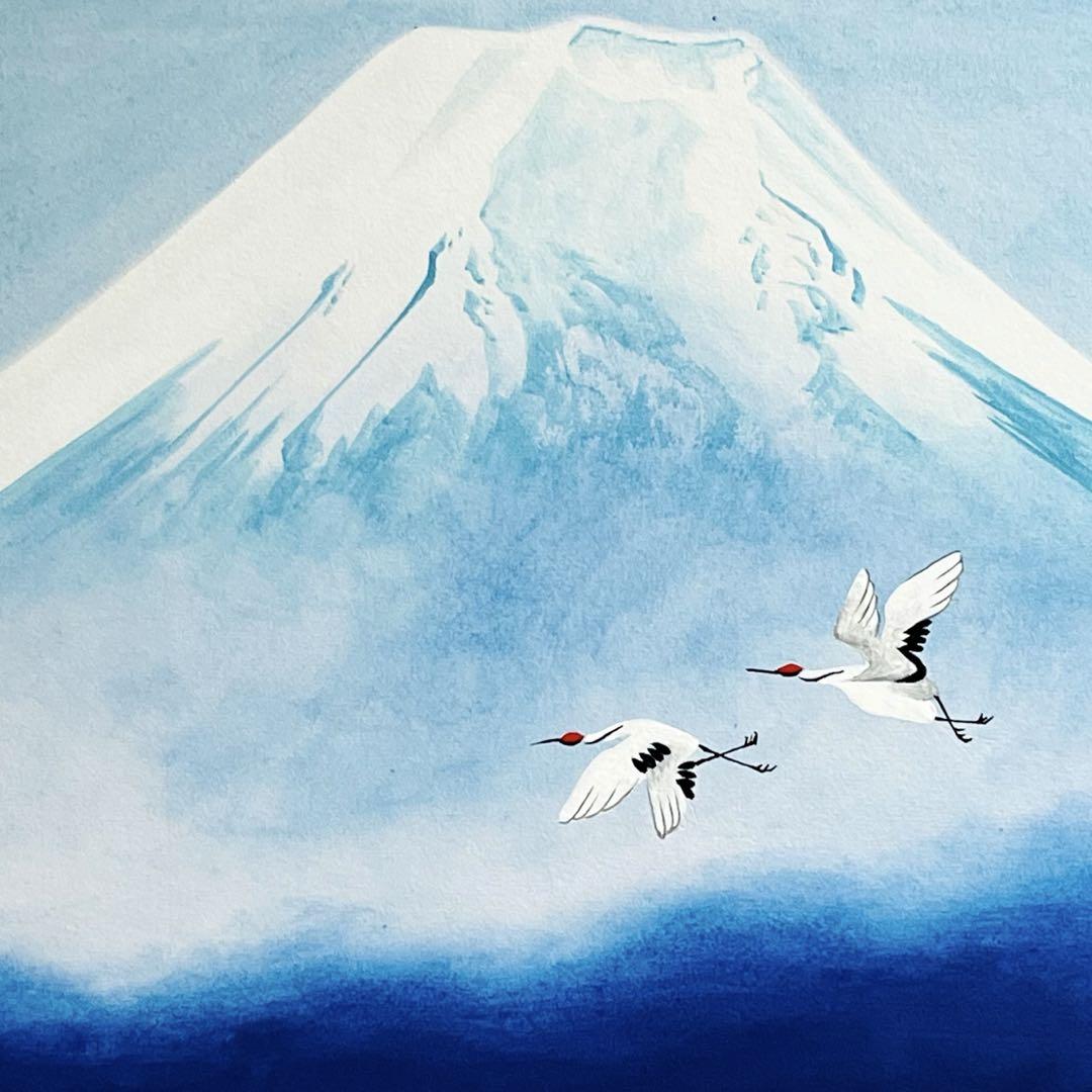 メルカリ限定】直筆水墨画 山水画 彩墨画【青富士に鶴」美術品