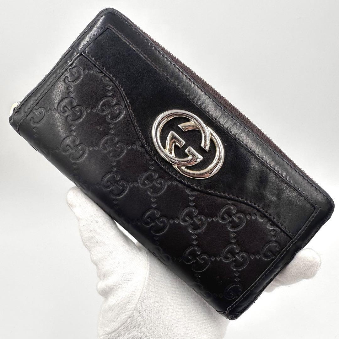 GUCCI 長財布 GG柄 シマレザー インターロッキング ラウンドジップ 金具 GUCCI グッチ 長財布 インターロッキング シマ GG柄 ラウンド レザー